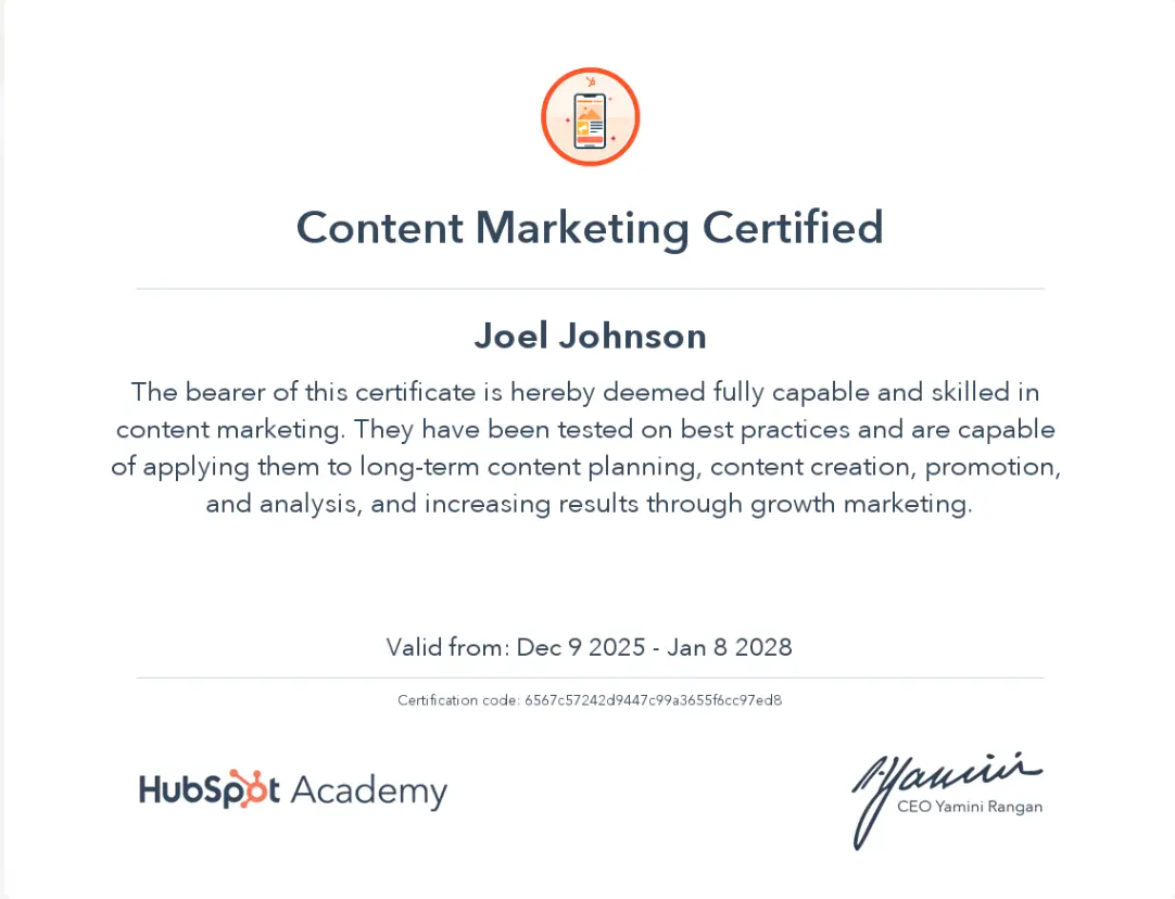 HUBSPOT Content Marketing Certified by Best Seo Freelancer in Dubai