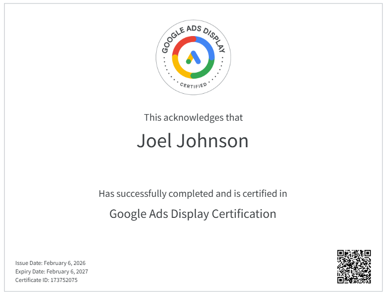 Google display ads certificate by Best SEO Freelancer in Dubai