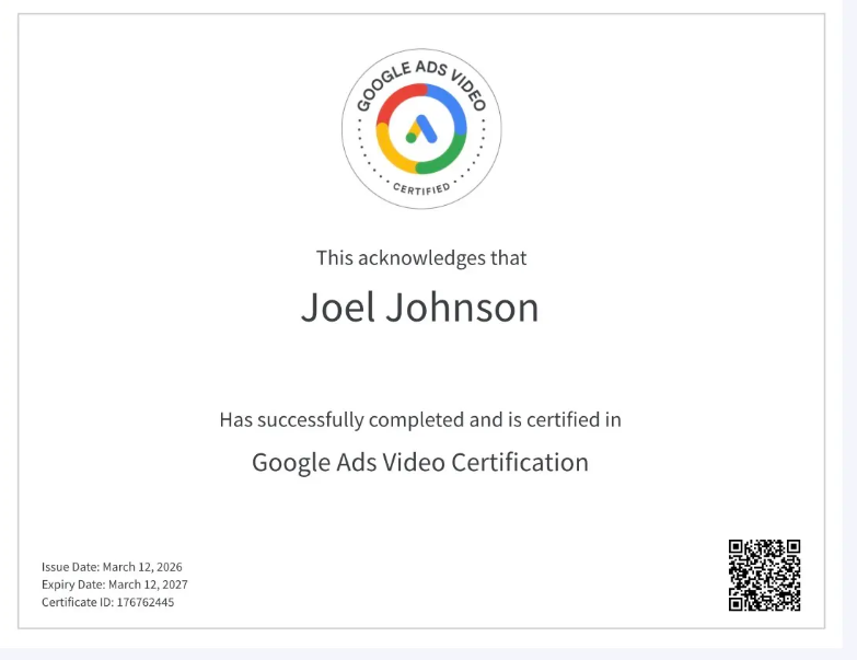 Google Ads video certificate by Best SEO Freelancer in Dubai